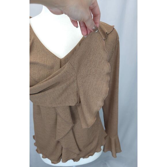 Y2K Vintage Brown Ruffle Bell Sleeve V-Neck Top Size L Fairycore Romantic Grunge - Picture 3 of 5